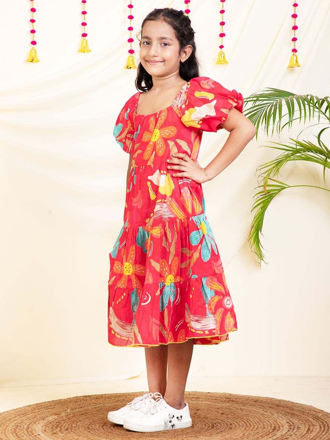 Leaf Printed Tiered Girls Dress