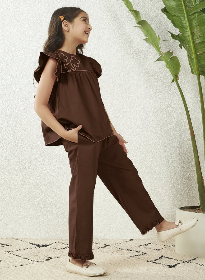 Girls Dark Brown Cotton Poplin Dori Work Top& Frill Pant Co-Ord Set