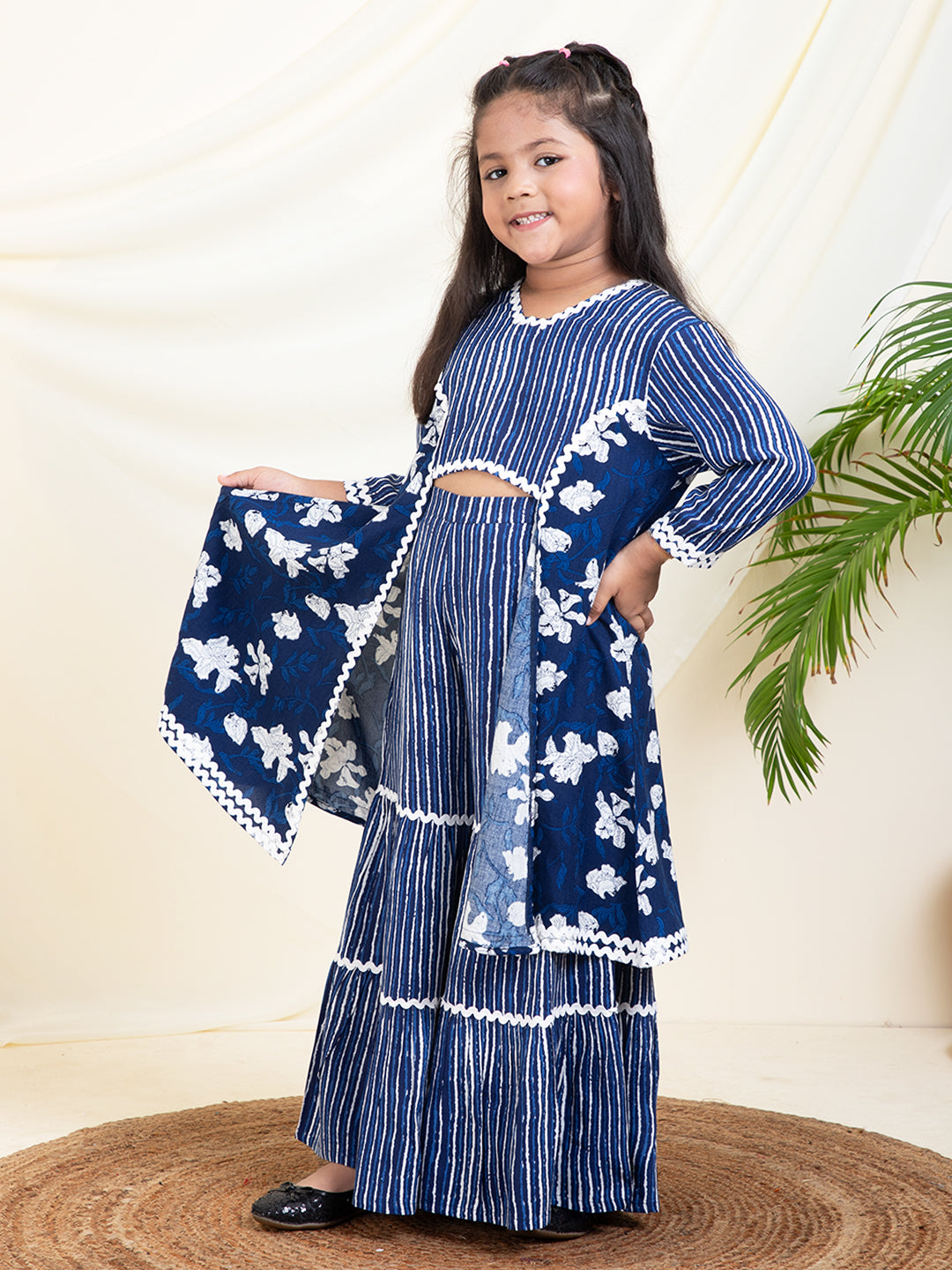 Stripes Print Top With Sharara & Floral Shrug