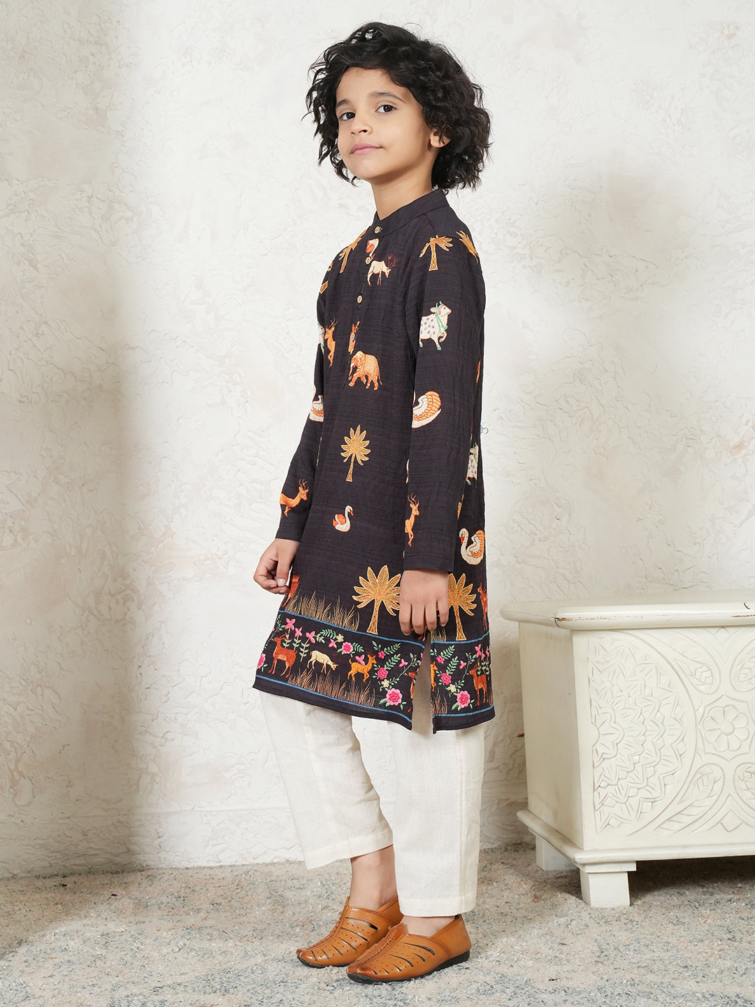 Animal Print Charcoal Black Kurta For Boys