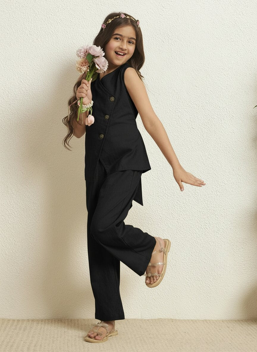 Girls Black Cotton Blazer With Pant Co-Ord Set