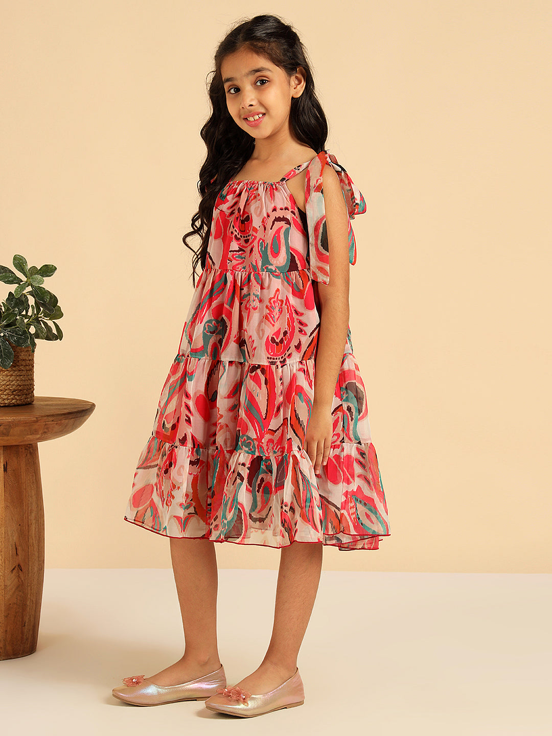 Organza Abstract Printed Tiered Girls Dress