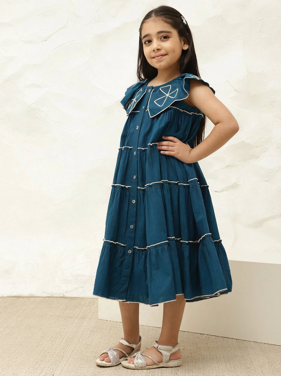 Pure Cotton Teal Embroidered Tiered Dress