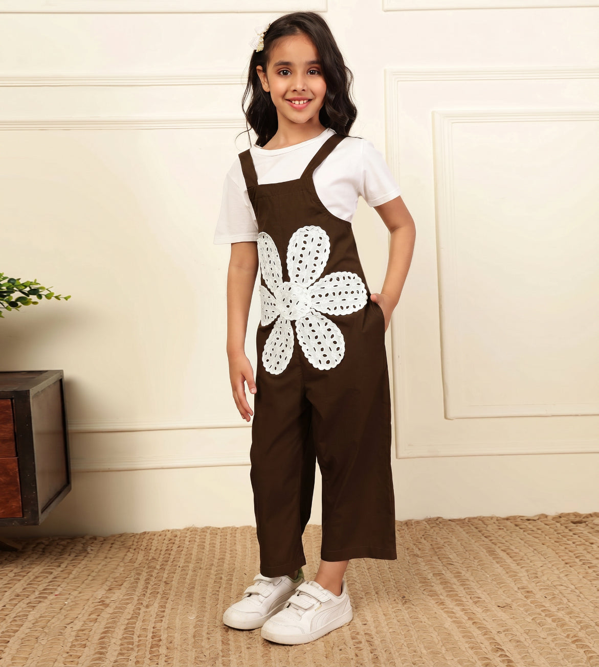 Brown Big Flower Patch Girls' Jumpsuit (T-shirt not included)
