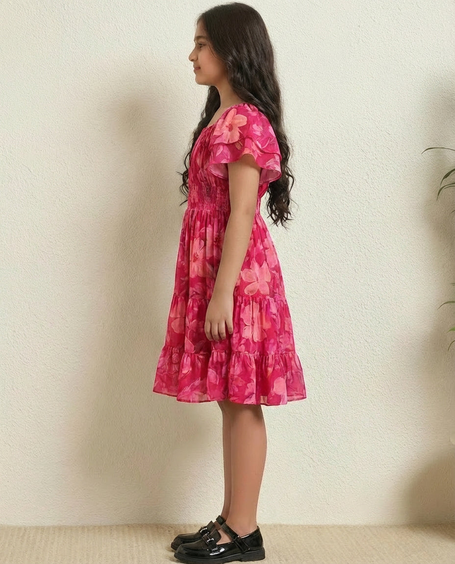 Magenta Tiered Dress For Kids