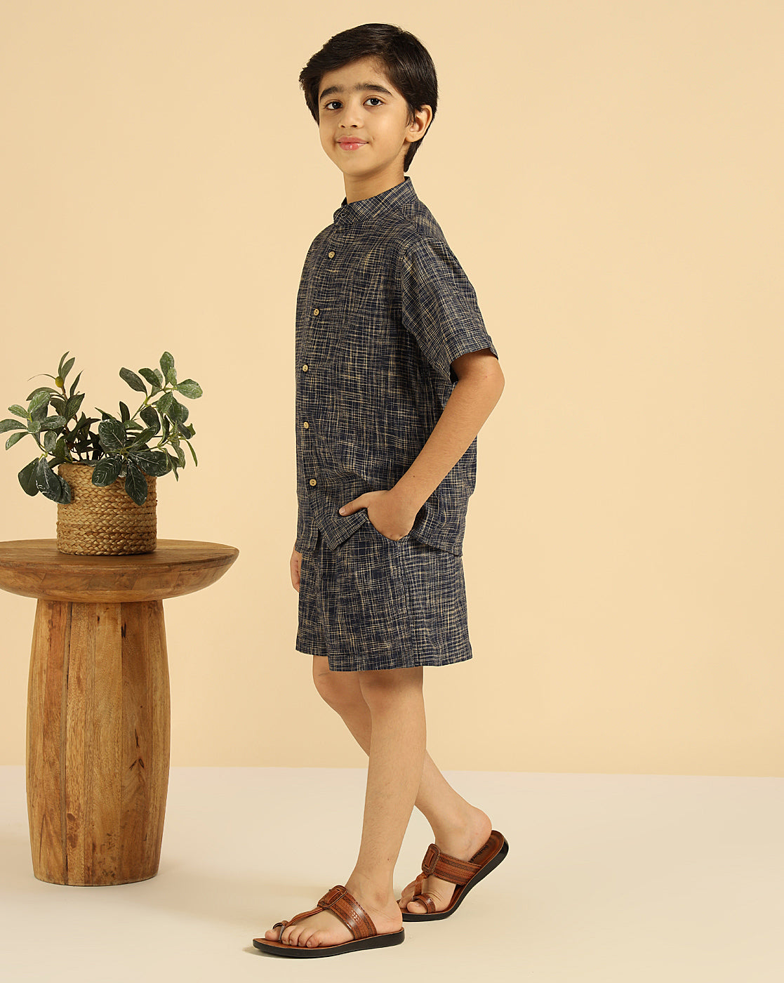 Navy Blue Pure Cotton Khadi Shirt With Shorts Boys Co-Ord Set