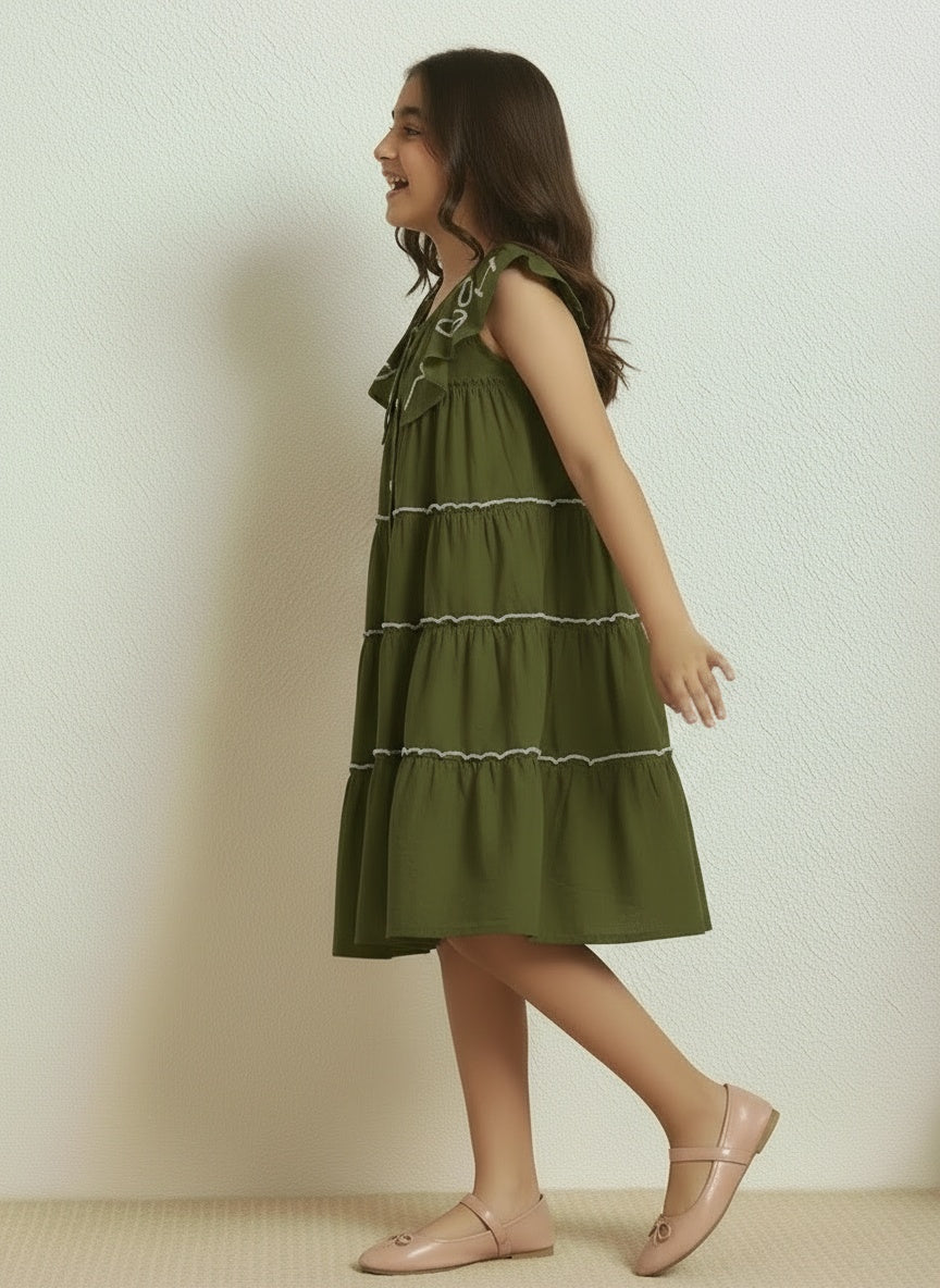 Sea Green Cotton Round Neck Shirt Style Above Knee Length Dress For Girls