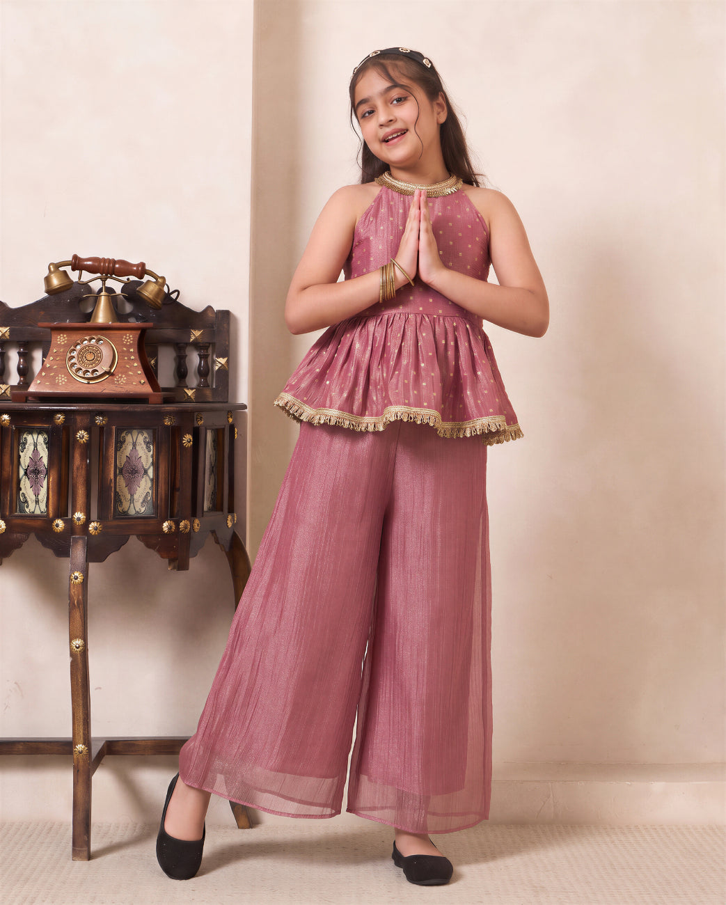 Girl's Pink Solid Shimmer Butta Peplum Top & Palazzo Set