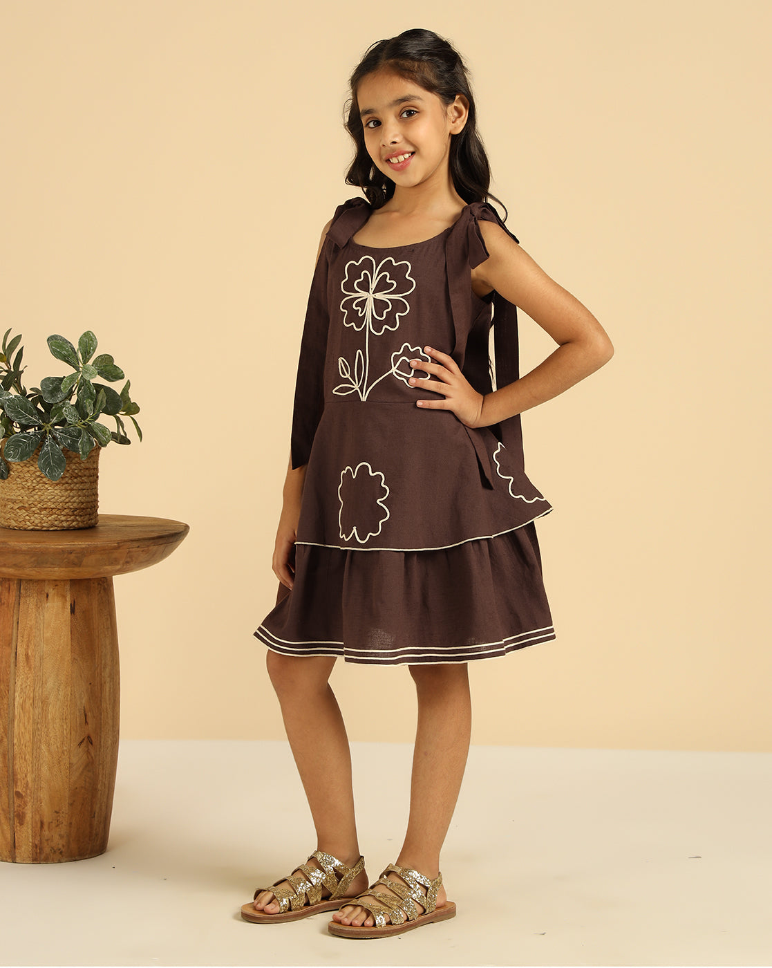 Brown Pure Cotton Embroidered Girls Tiered Dress