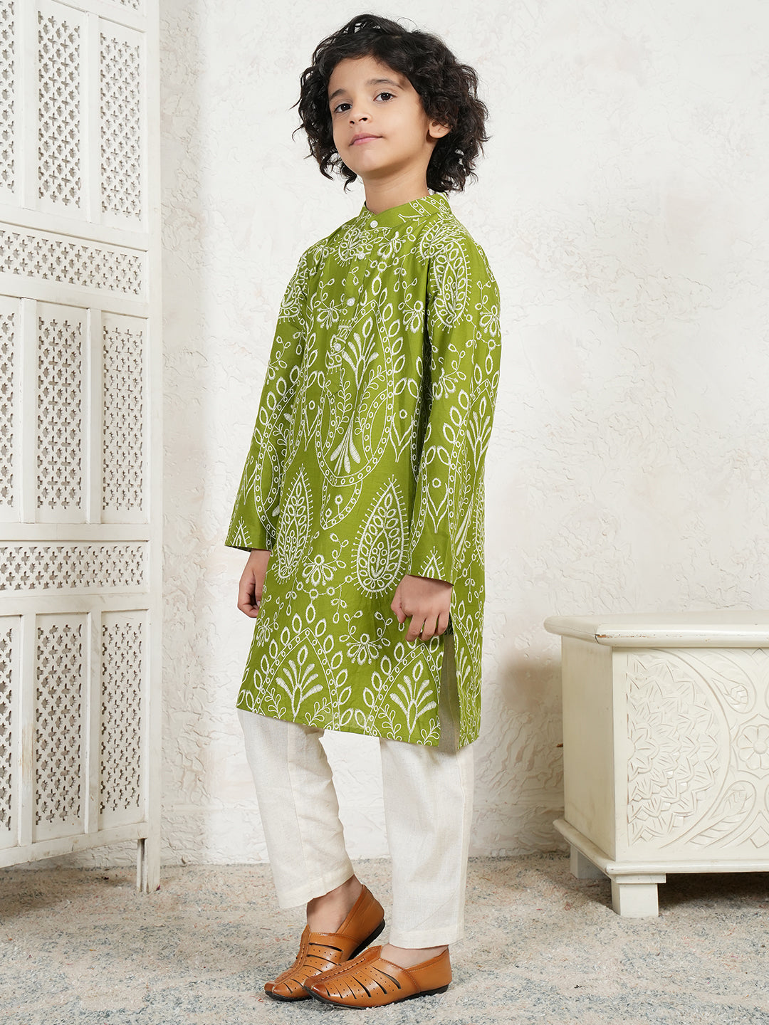 Green Embroidered Boys Kurta