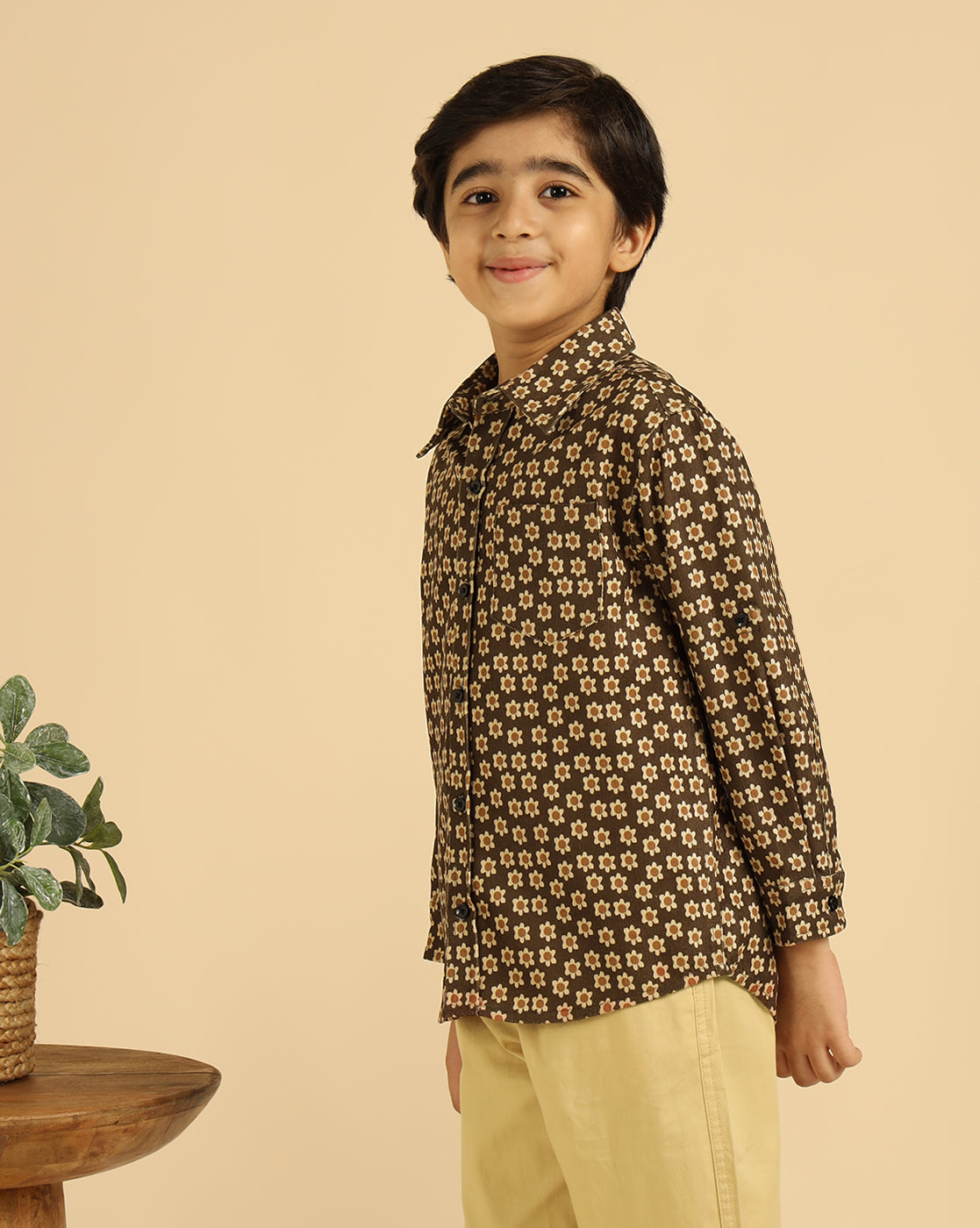 Pure Cotton Corduroy Brown Floral Boys Shirt