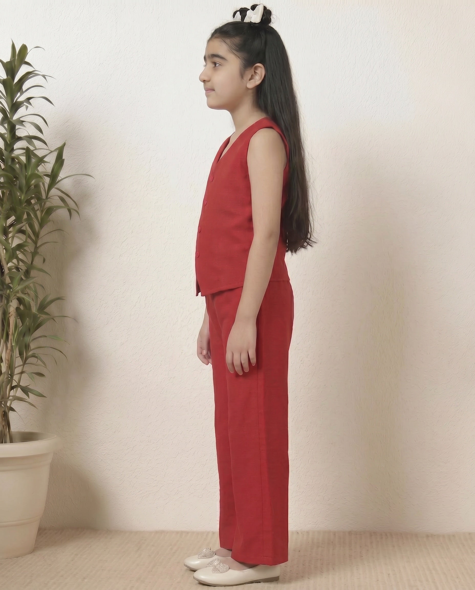 Red Cotton V-Neck Waist Coat With Palazzo Co-ord Set For Girls