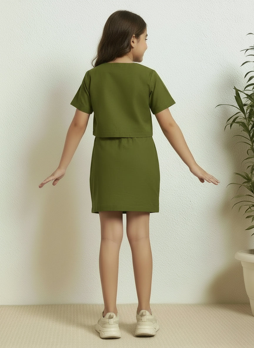 Olive Green Cotton Round Neck Embroidered Crop Top and Skirt Set For Girls