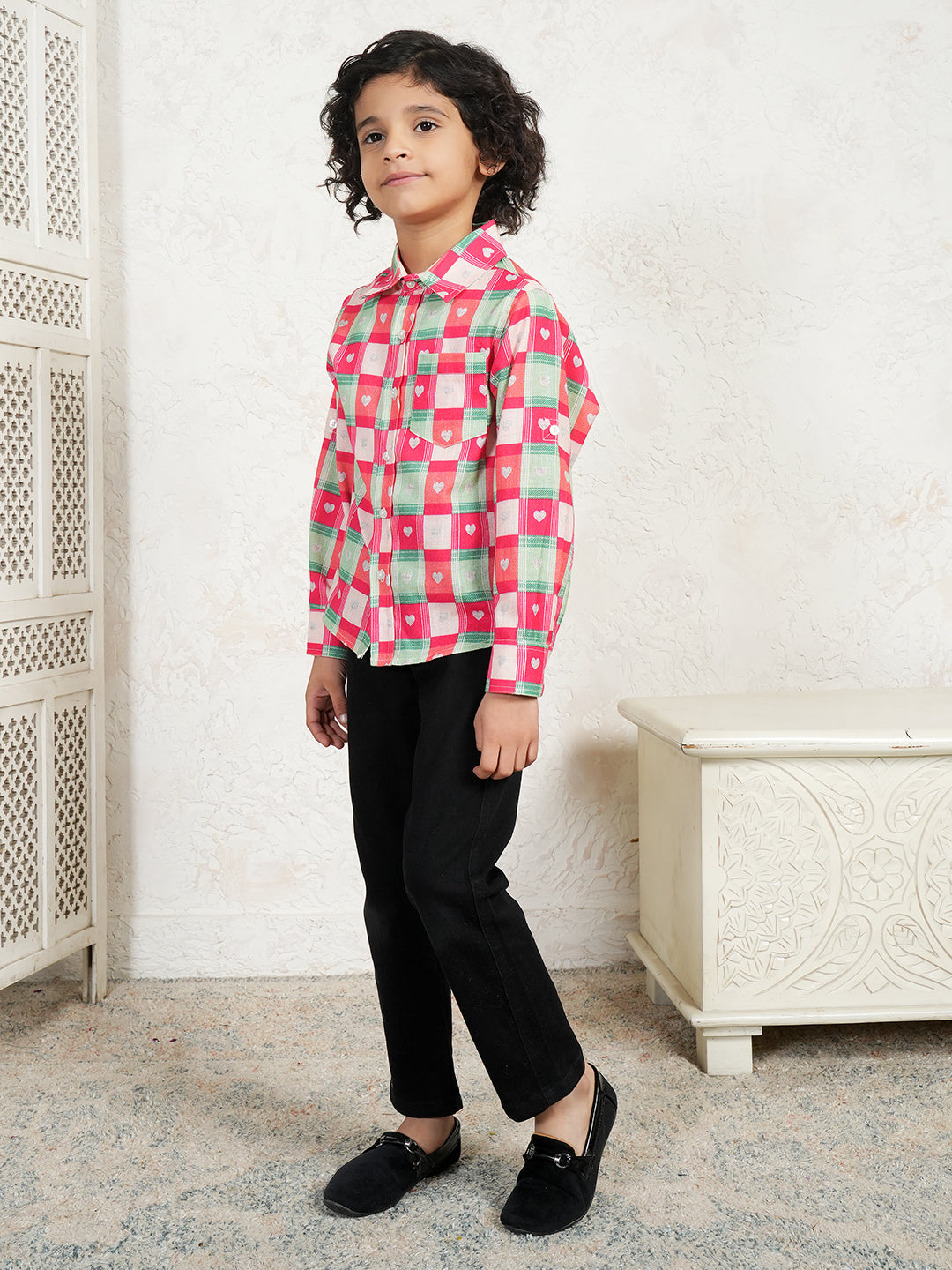 Heart Print Check Shirt For Boys