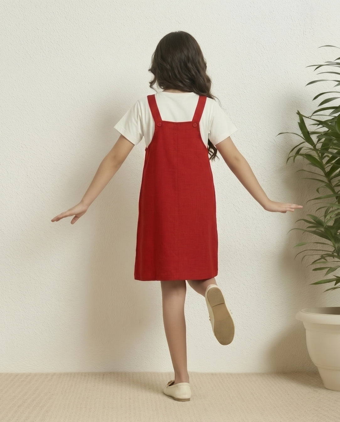 SHORT TOP WITH KNEE-LENGTH DUNGAREE DRESS