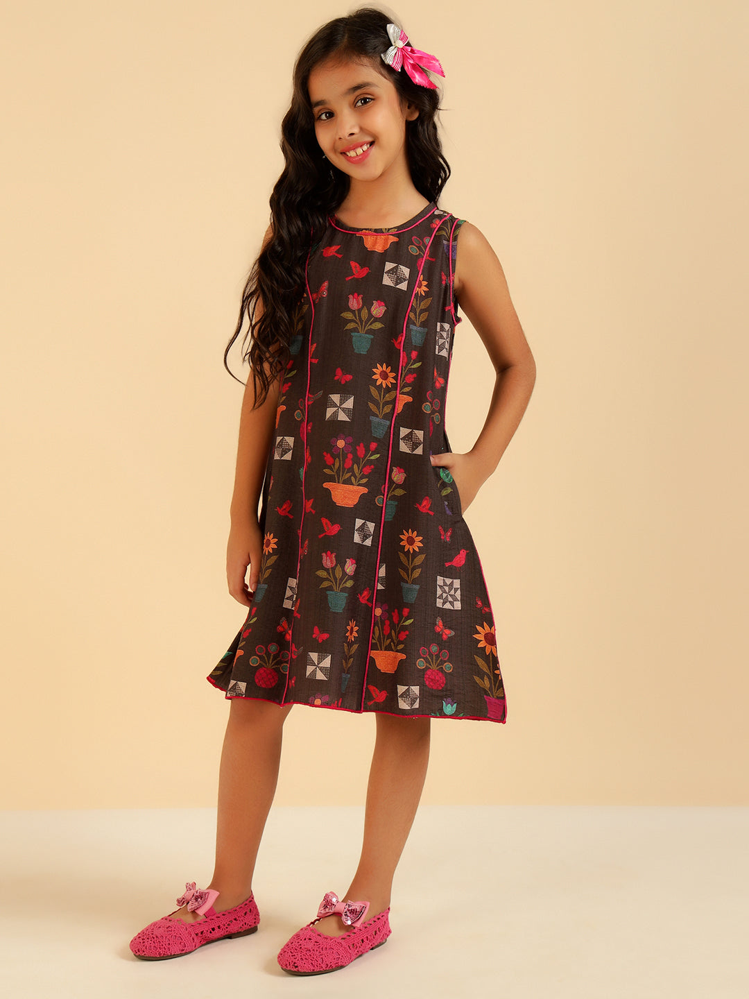 Brown Multi Color Floral Panel Girls Dress
