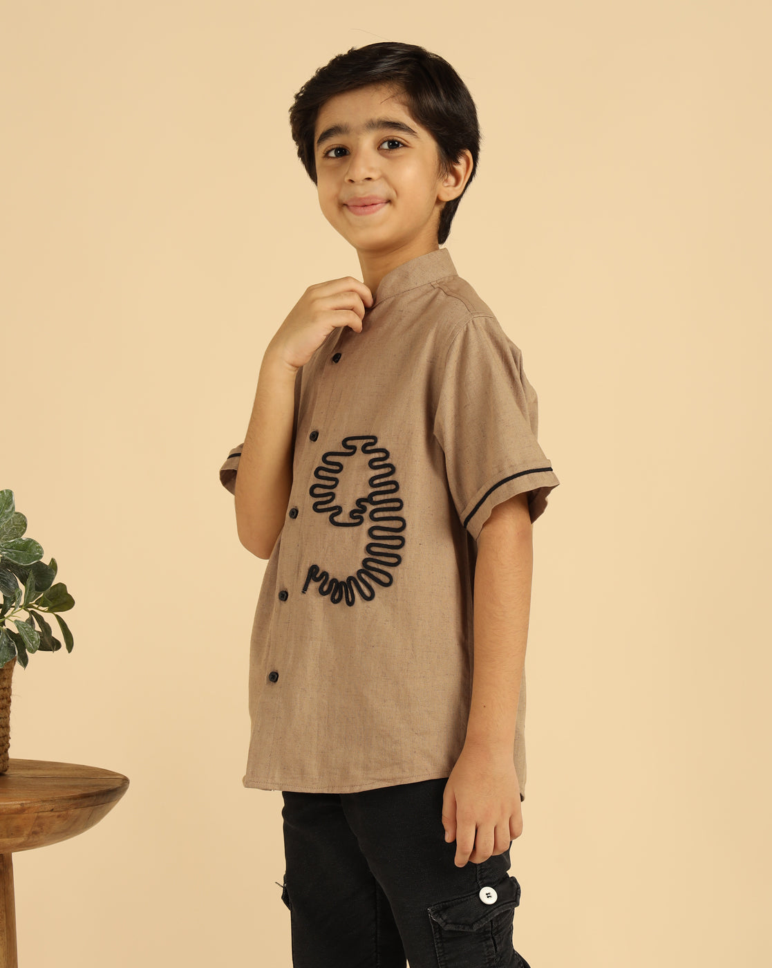 Embroidered Beige Casual Boys Shirt