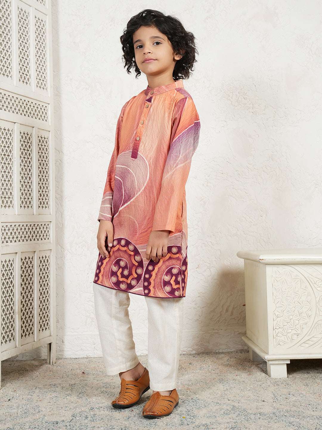 Abstract Print Peach Kurta For Boys