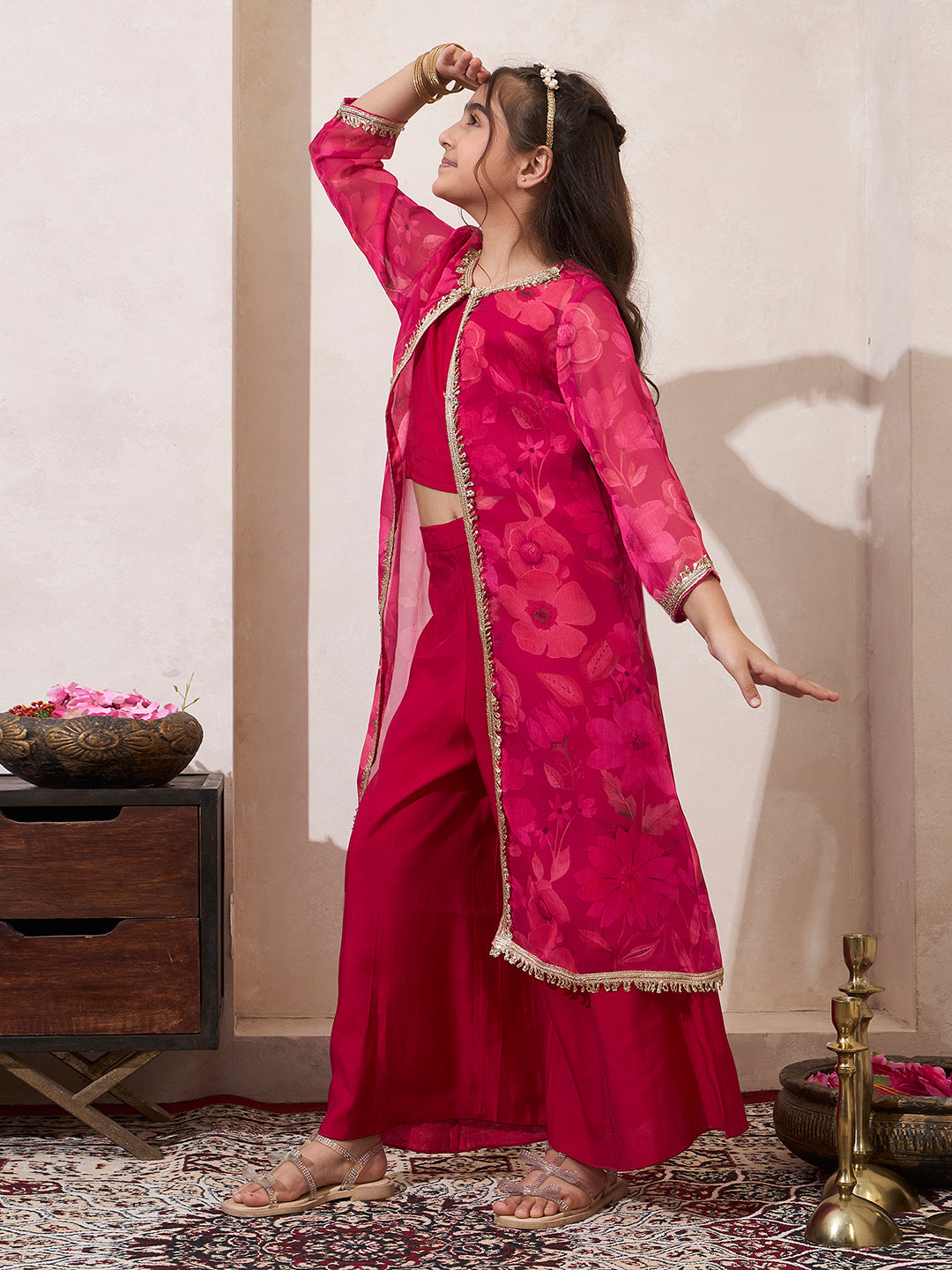 Magenta Floral Print Shrug With Top & Palazzo Set