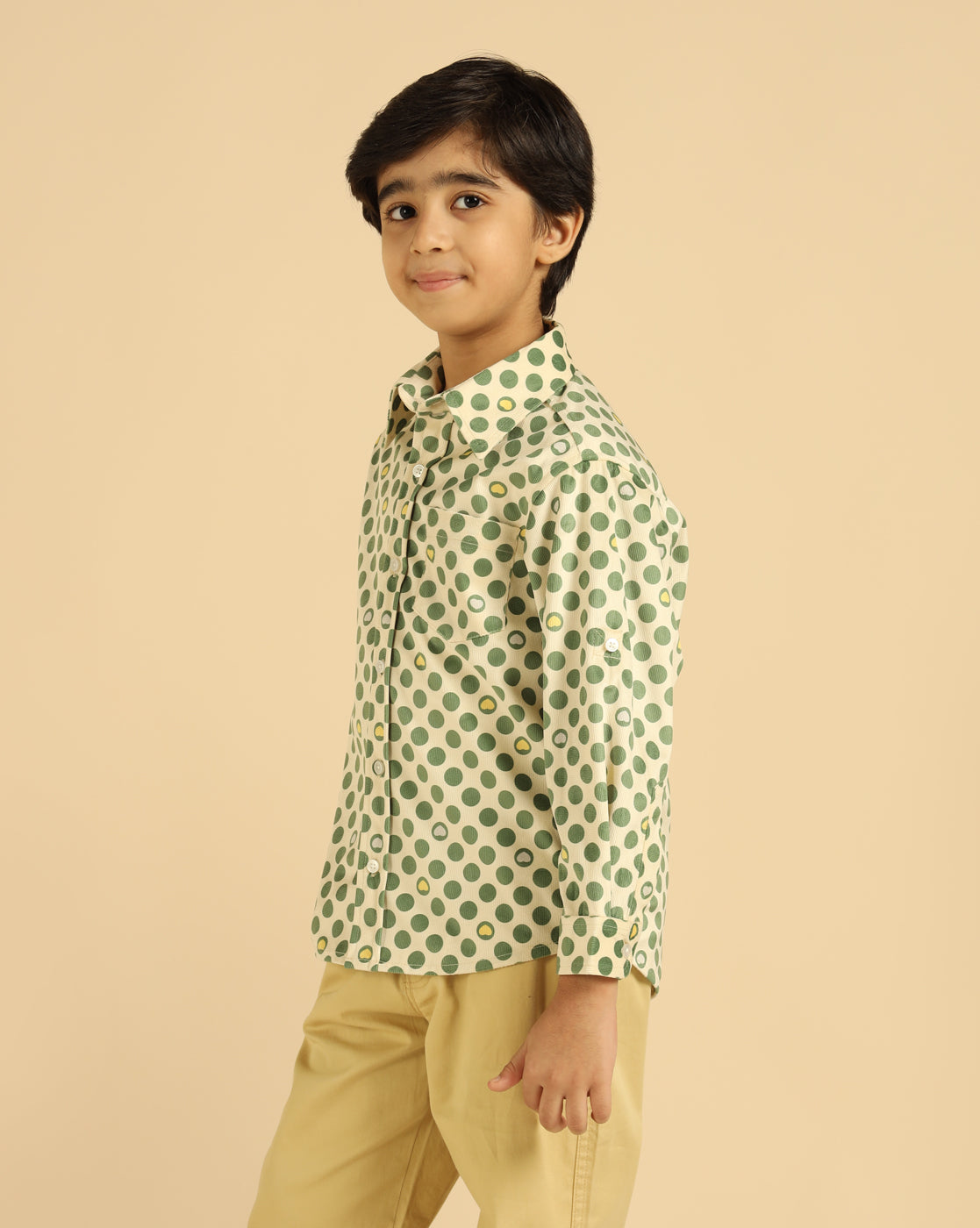Green Pure Cotton Corduroy Polka Boys Shirt