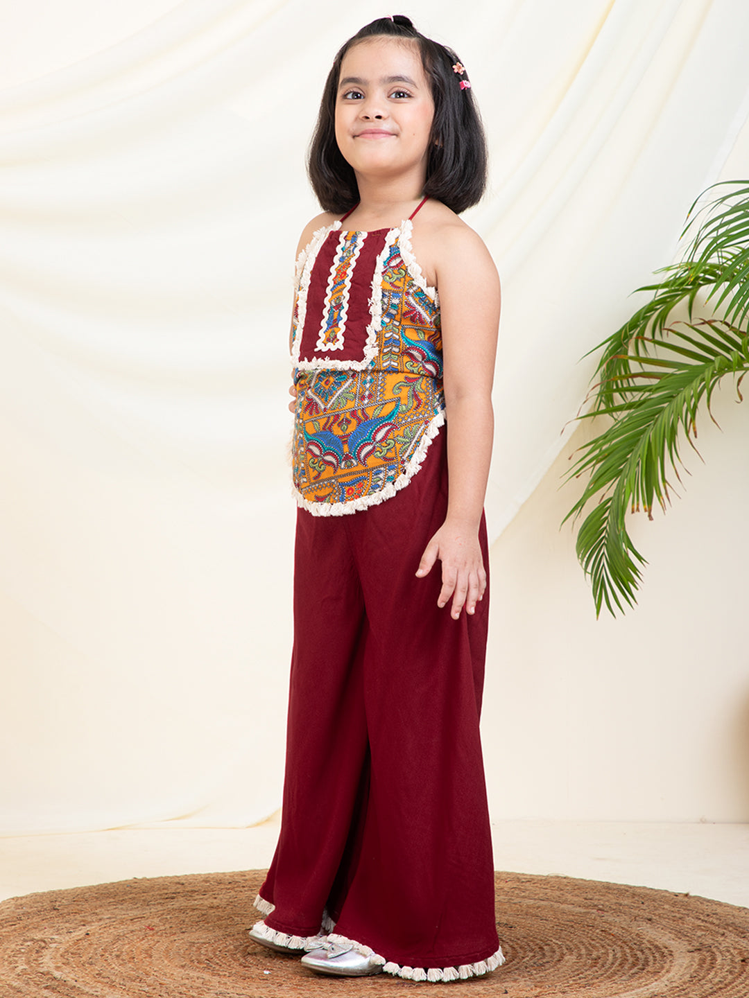 Abstract Print Adjustable Halter Neck Top With Solid Palazzo