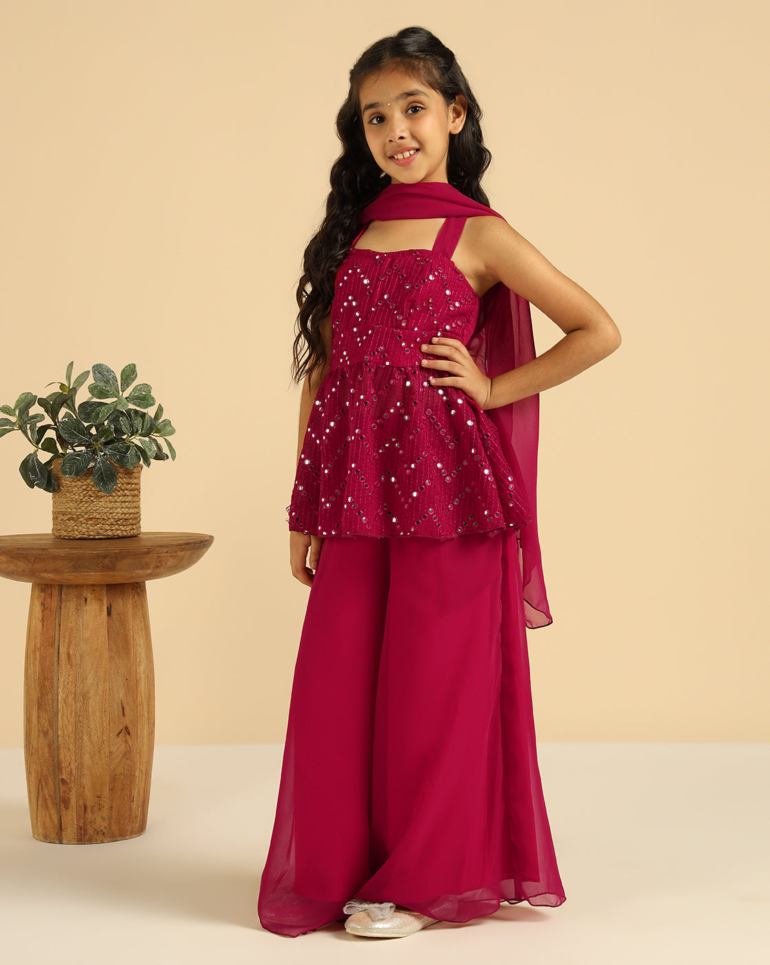 Magenta Embroidered Indo Western Girls Co-Ord Set