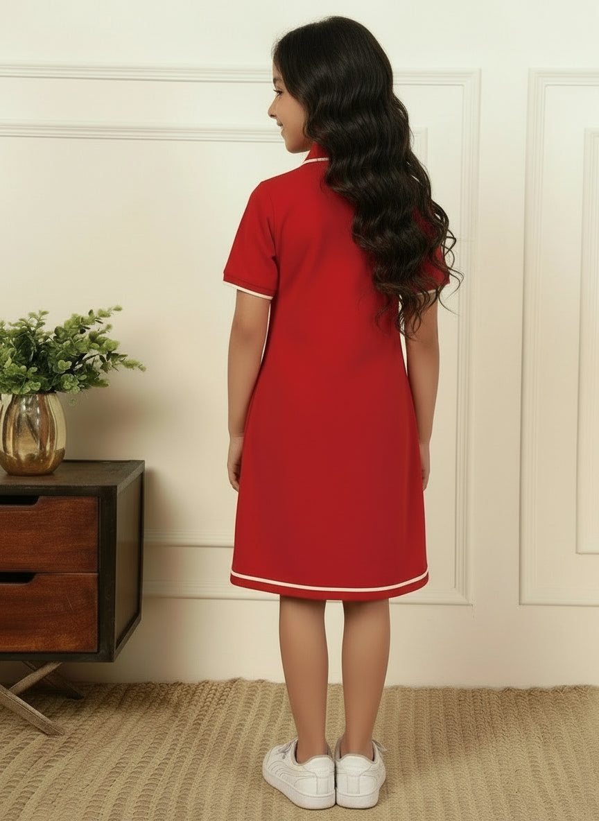 Red Cotton Polo Neck A-line Above Knee Length Dress