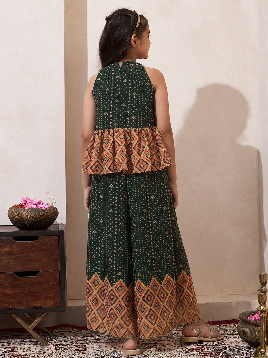 Girl's Black Bandhani Border Chiffon Peplum Top & Palazzo Set
