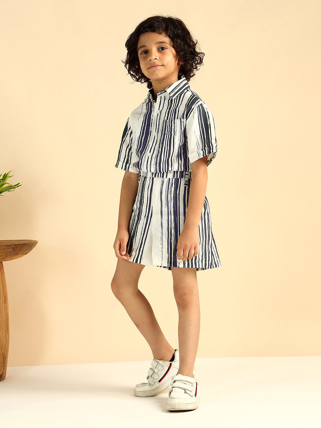 Grey Striped Shirt With Shorts Boys Co-Ord Set