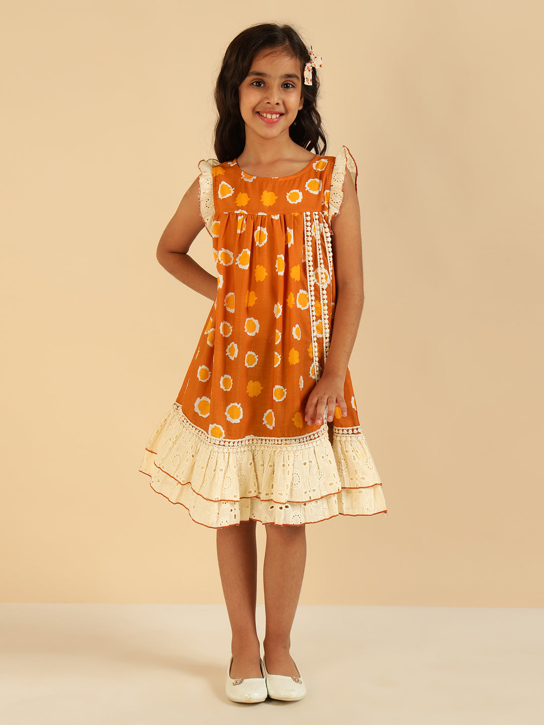 Schiffli Embroidered With Tan Brown Printed Tiered Layered Girls Dress