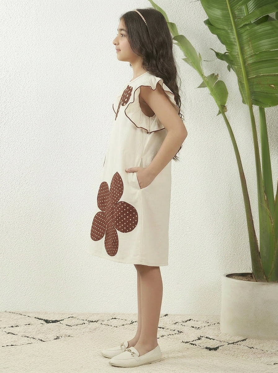 Girls' Cotton Off-White Dress with Polka Dot Floral Print, Ruffle Sleeves, Casual Wear