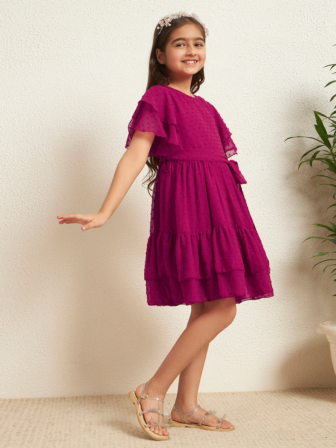 Girl's Magenta Dobby Georgette A-Line Tiered Dress
