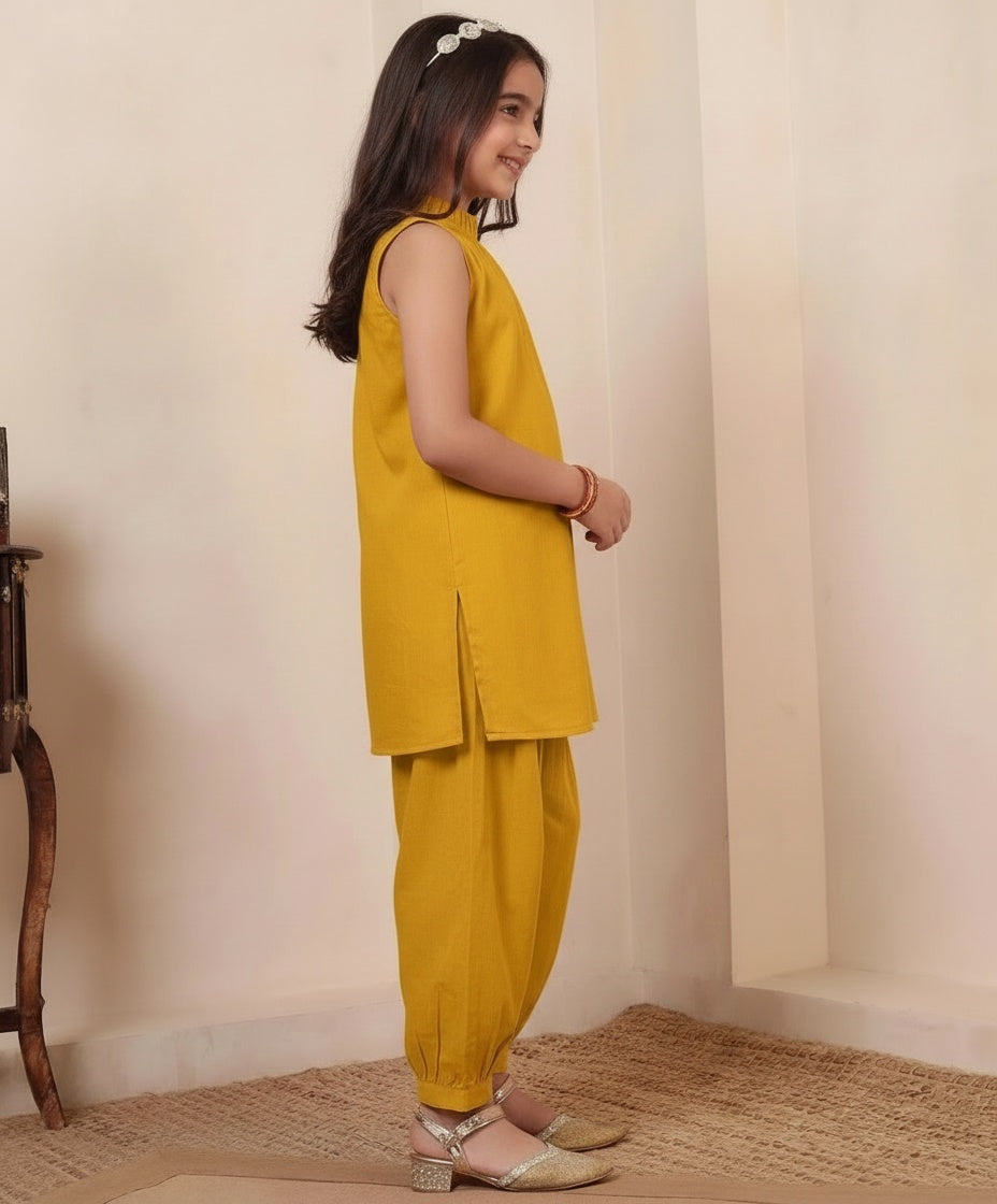 Yellow Cotton Kurta With Gathered Pant Girls Co-ord Set