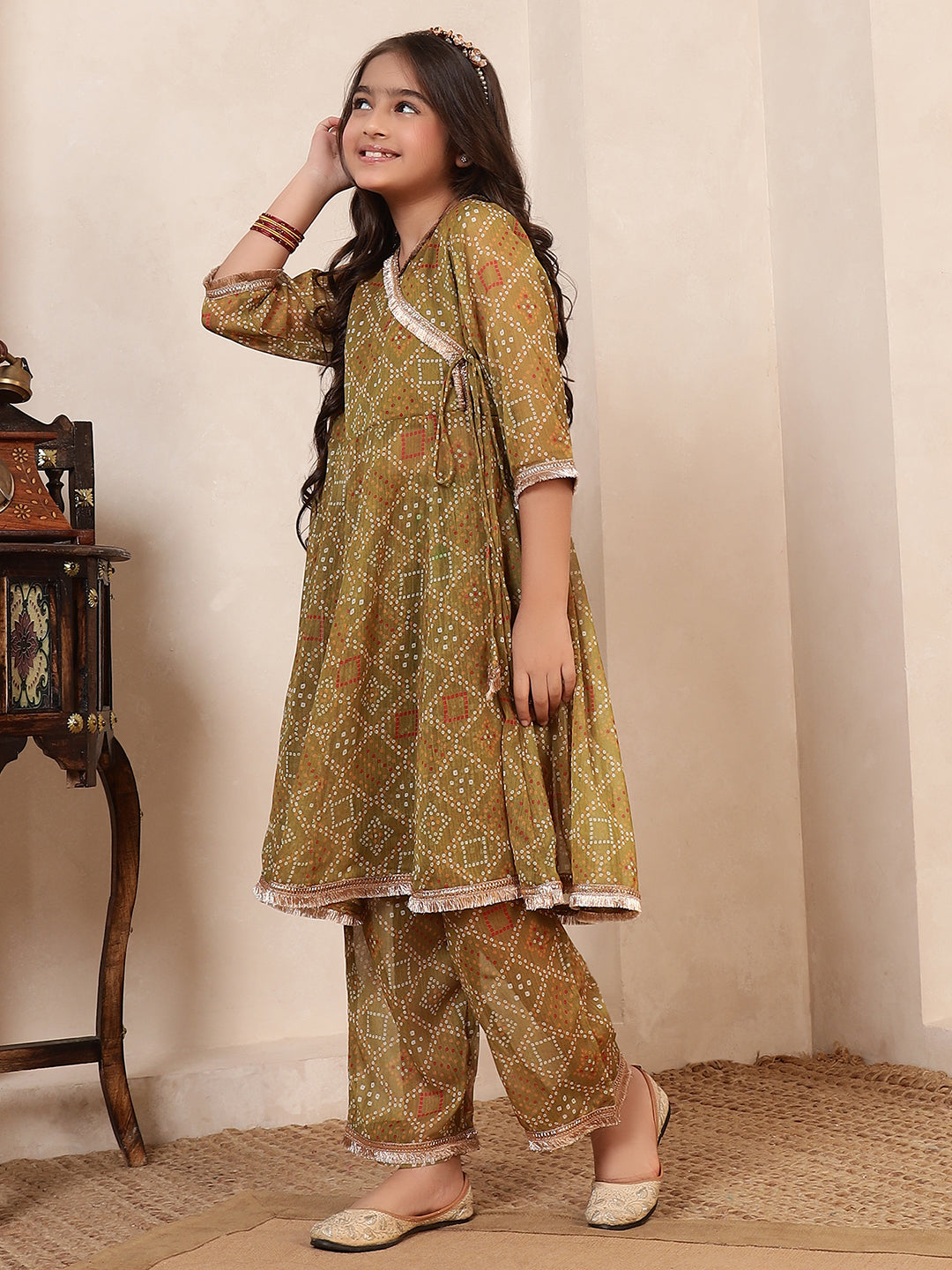 Bandhani Angrakha Style Kurta With Pants Fusion Set