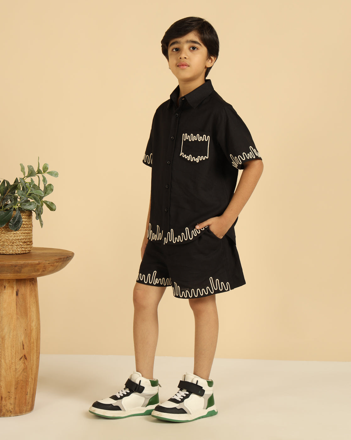 Black Embroidered Shirt With Short For Boys