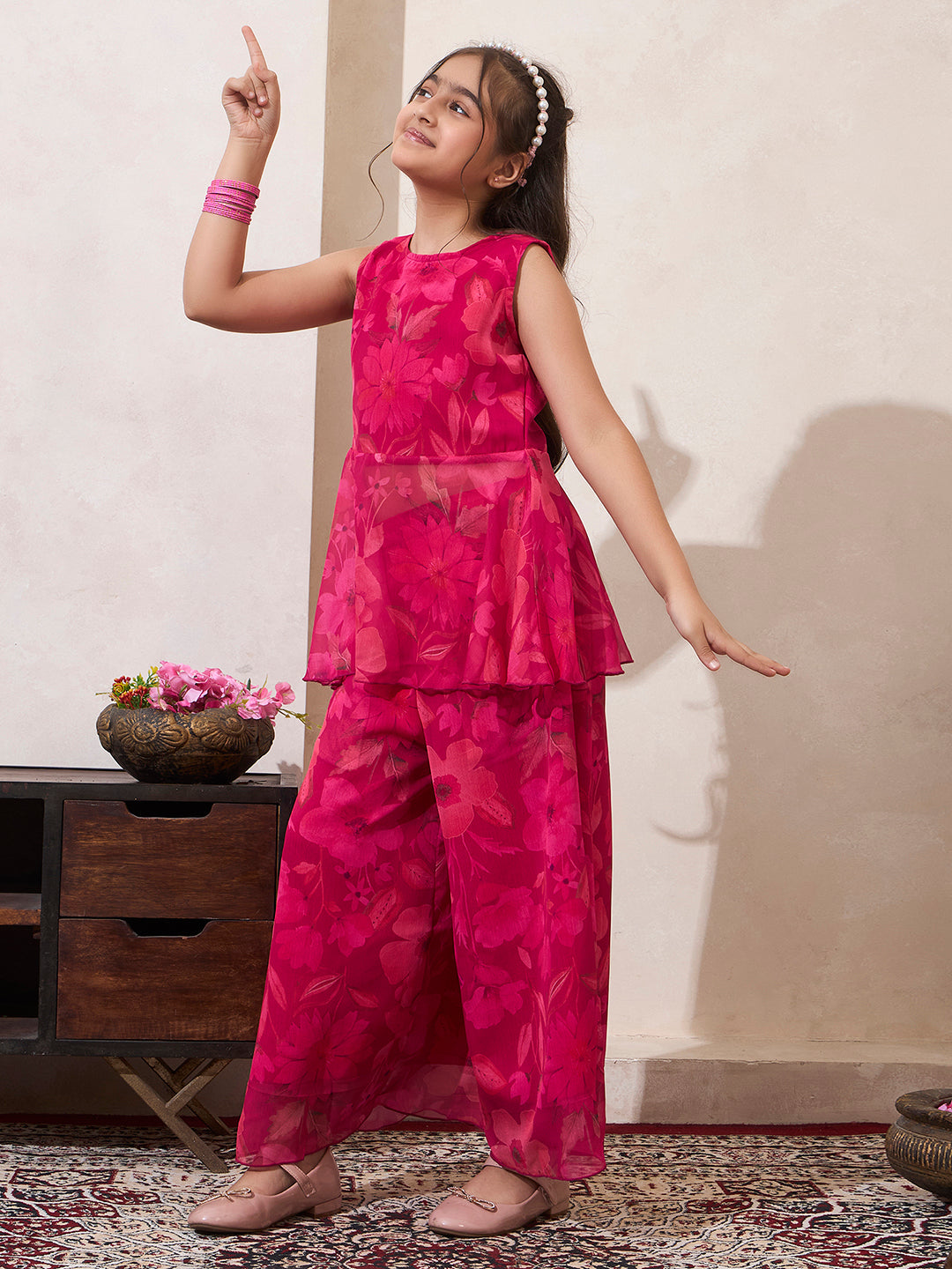 Girl's Magenta Peplum Top & Palazzo Set