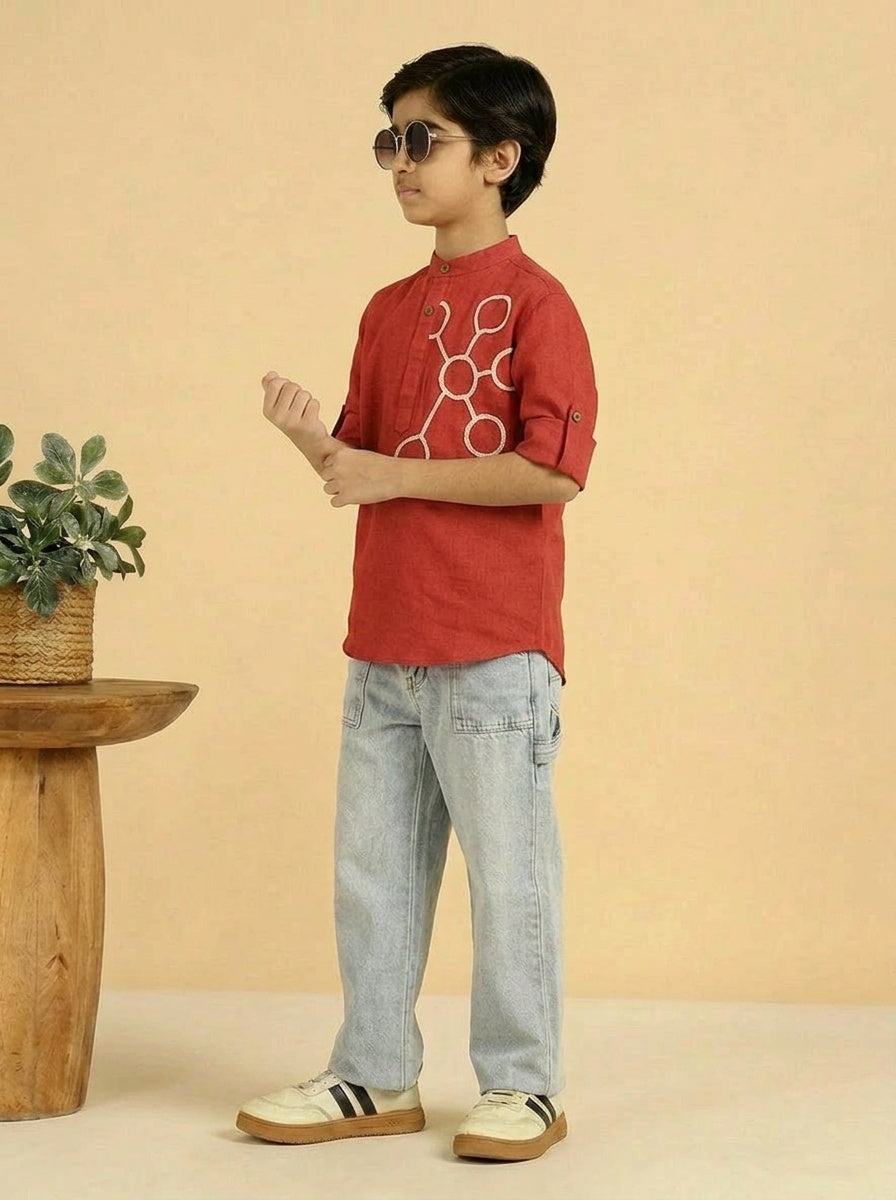 Red Color Cotton Calf Length Kurta For Boys