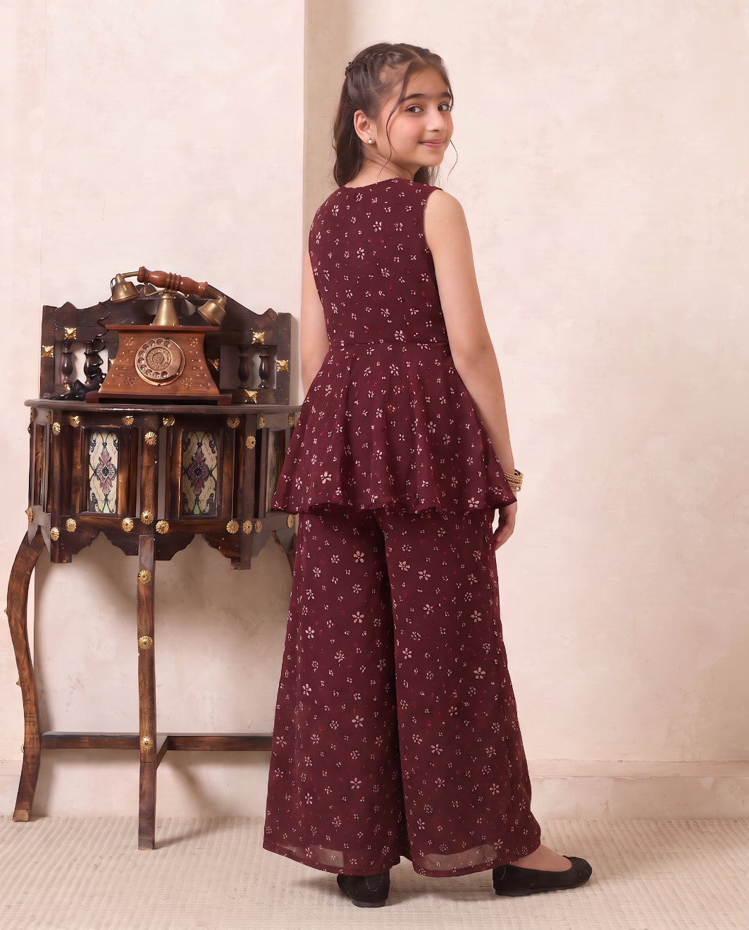Girl's Wine Floral Print CHiffon Peplum Top & Palazzo Set