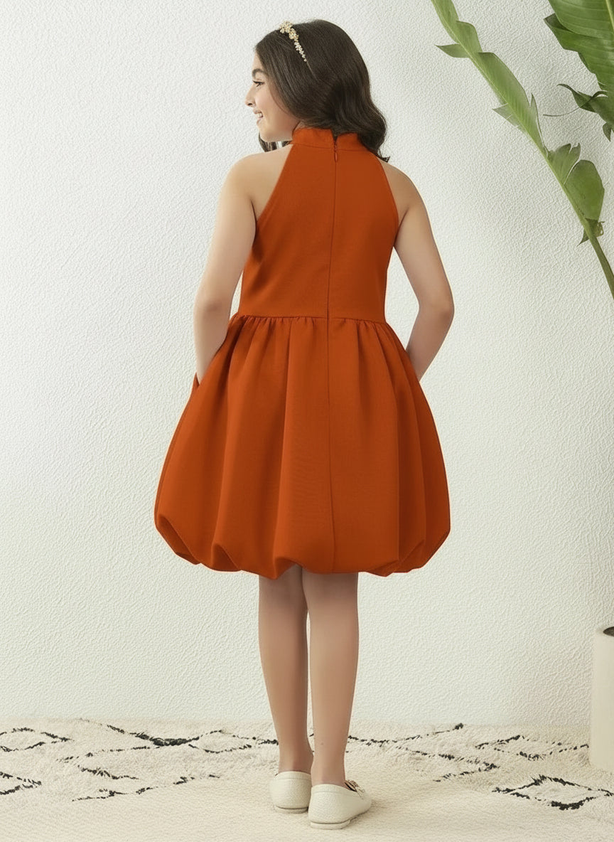 GIRLS TAN BROWN HALTER NECK BALLOON DRESS