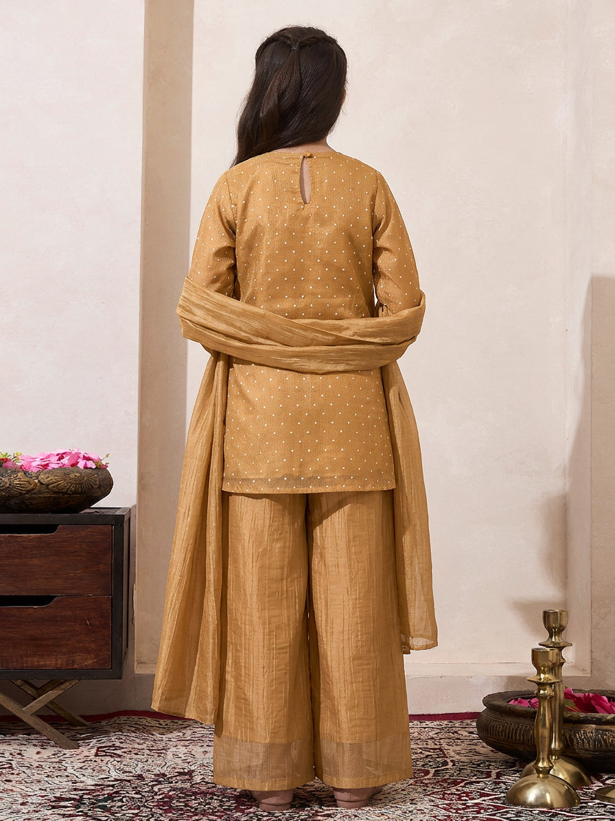 Golden Solid Shimmer Butta Fusion Wear Kurta & Palazzo With Dupatta Set