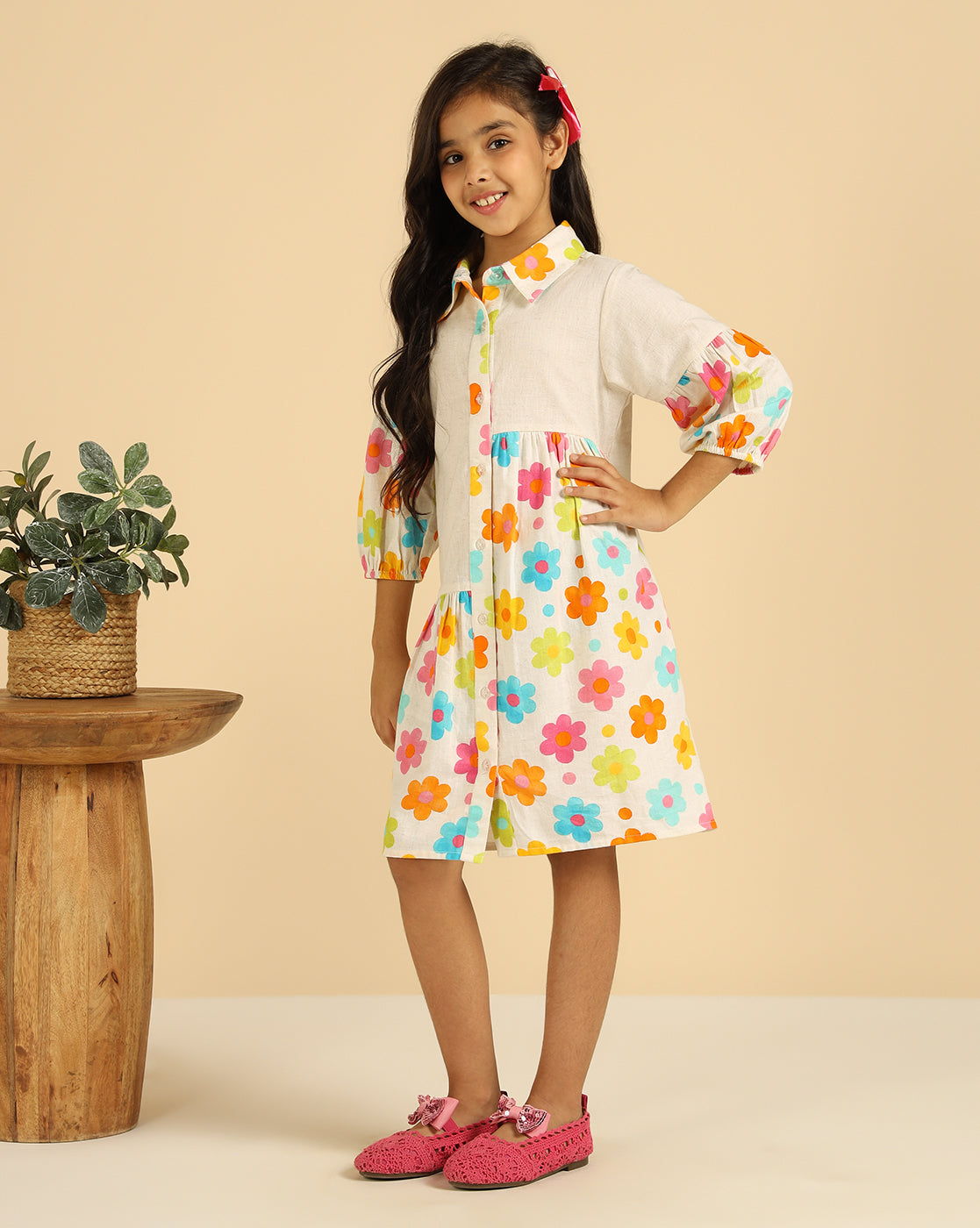 Off White Pure Cotton With Floral Printed Blocking Girls Tiered Shirt Dress