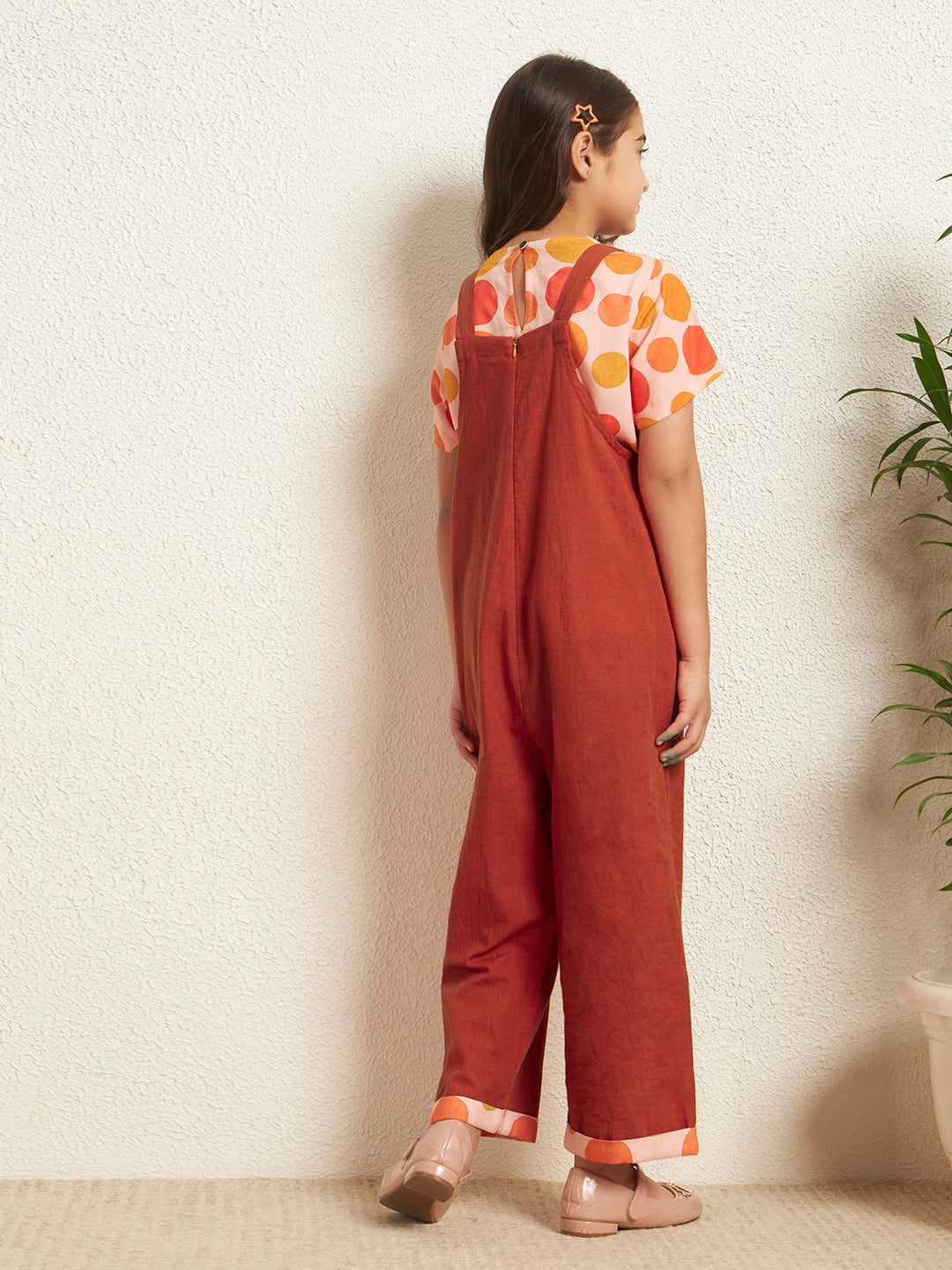 Red Orange Cotton Flex Solid With Polka Print Girl's Jumpsuit Set