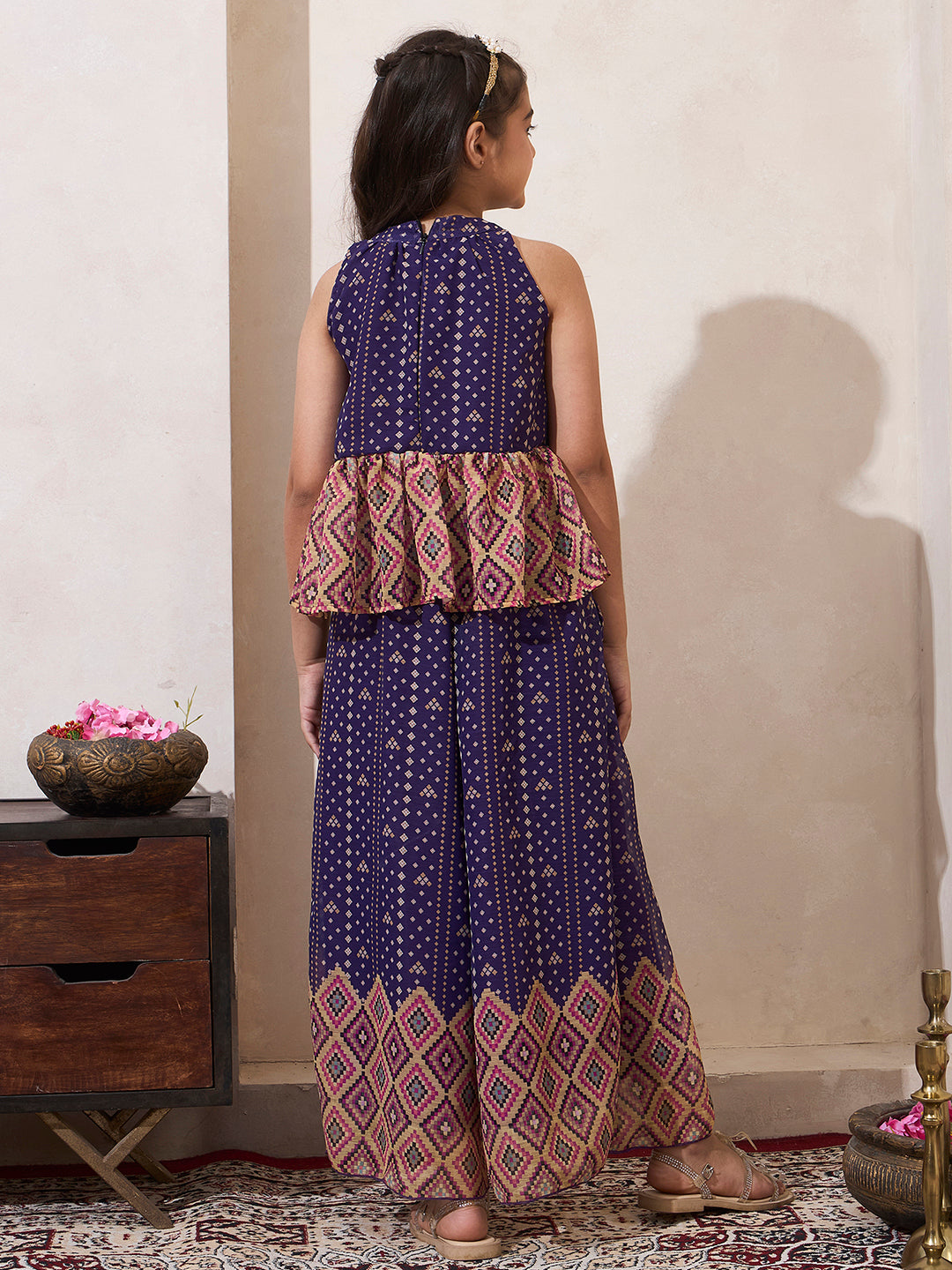 Girl's Purple B&hani Print Chiffon Peplum Top & Palazzo Set