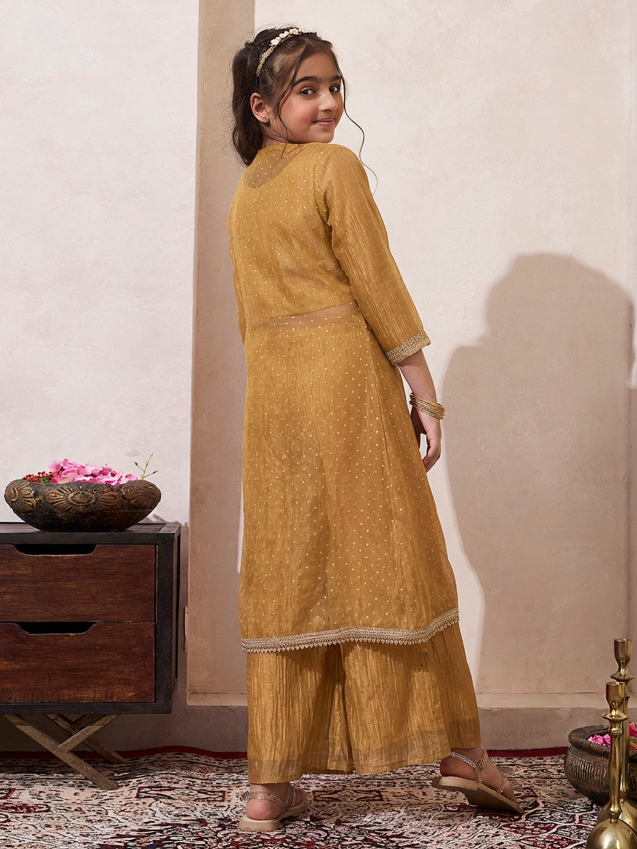 Golden Solid Shimmer Butta Shrug With Top & Palazzo Set