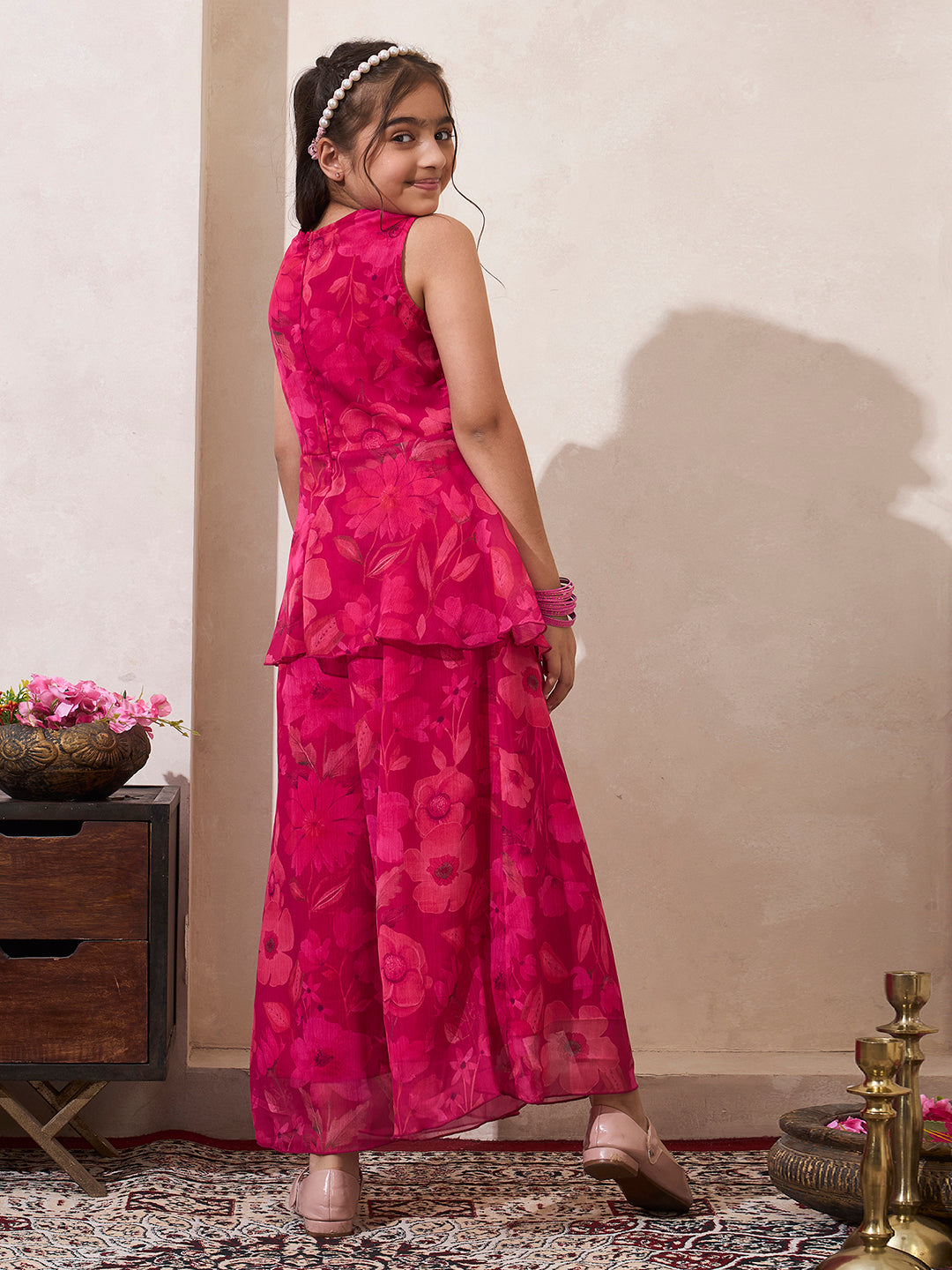 Girl's Magenta Peplum Top & Palazzo Set