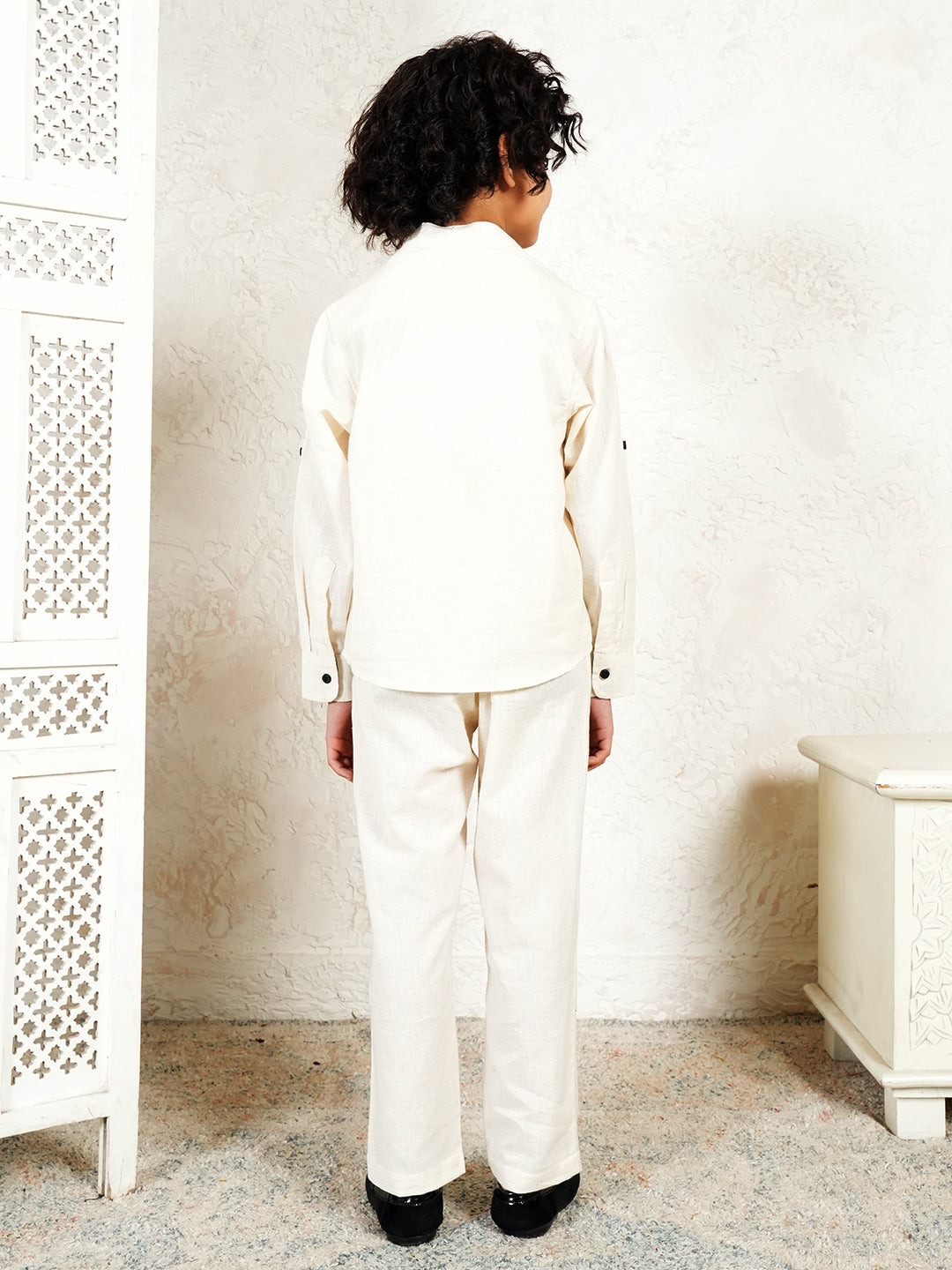 Off White Pure Cotton Flex Co-Ord Set For Boys