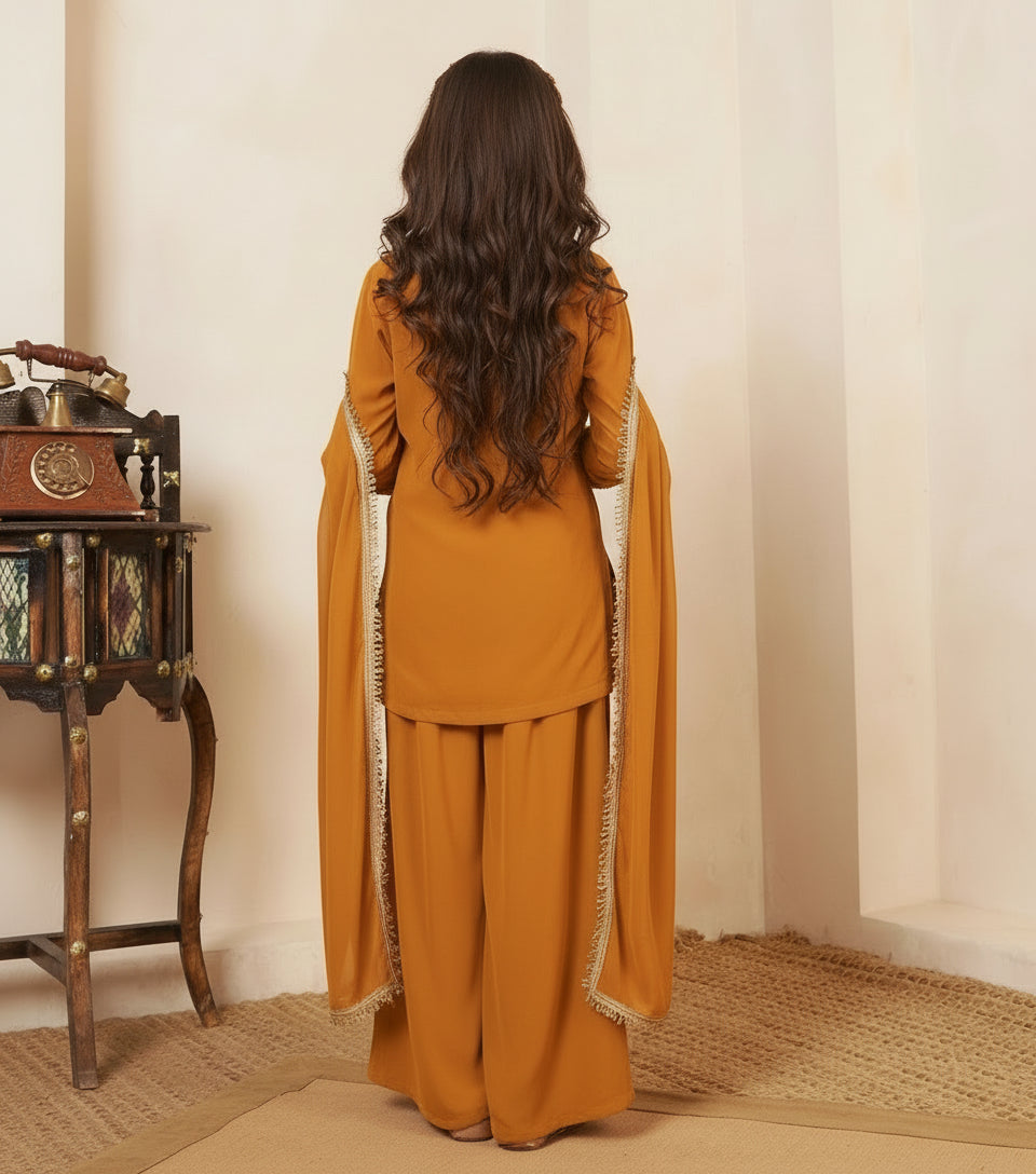 Georgette Mustard 3 Piece Co-Ord Set