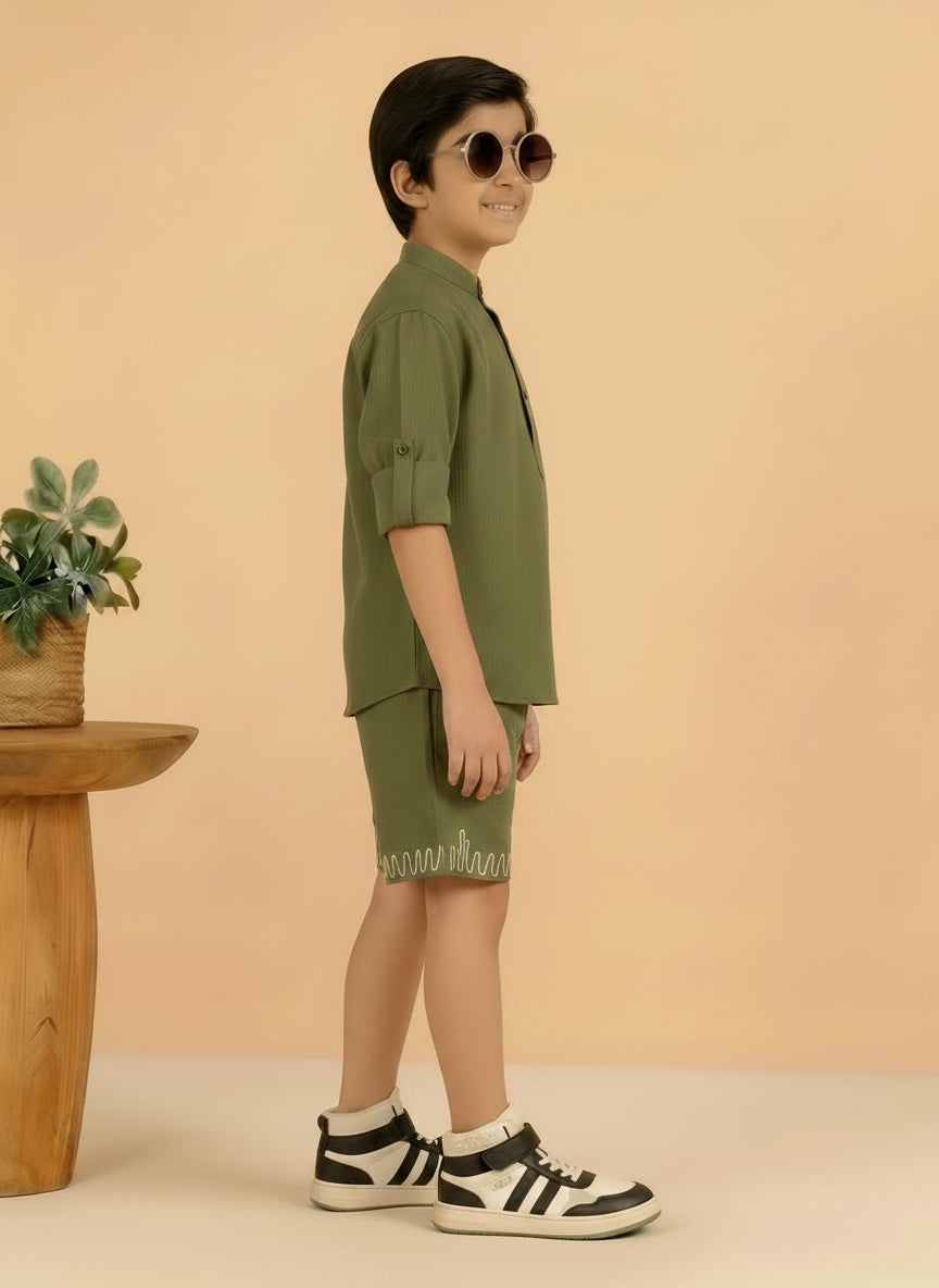 Olive Green Cotton Mandarin Collar Embroidered Short Kurta With Short Co-ord Set