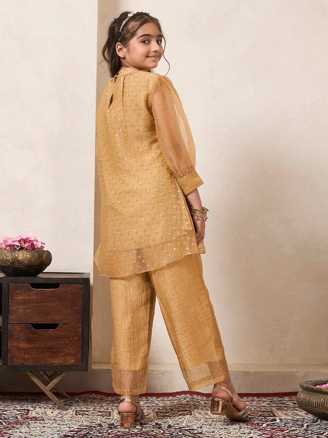 Golden Shimmer Butti Work Gathered Neck Kurta With Pant