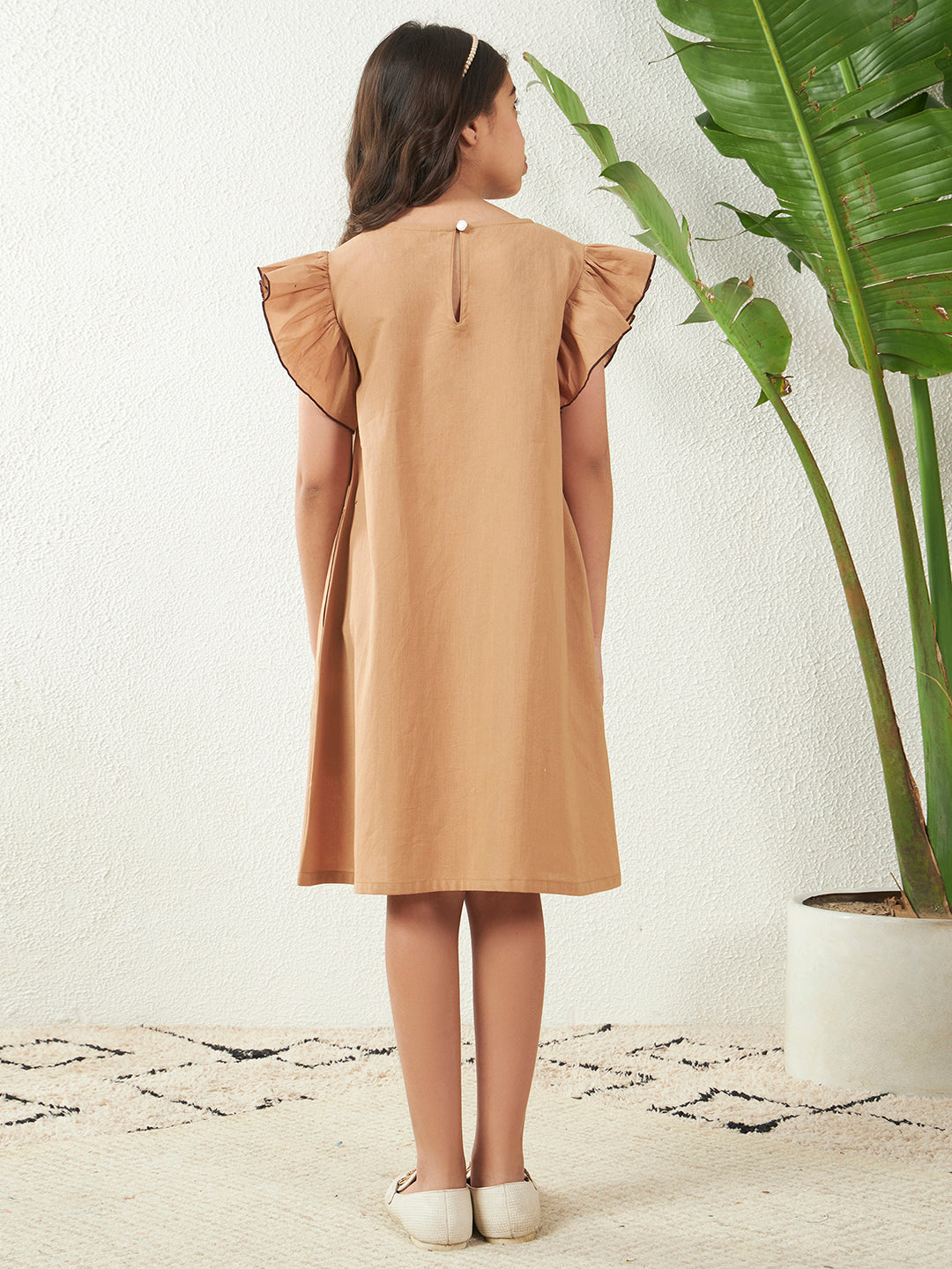 Girls Beige Cotton Flex A-Line Dress Floral Patch Dress